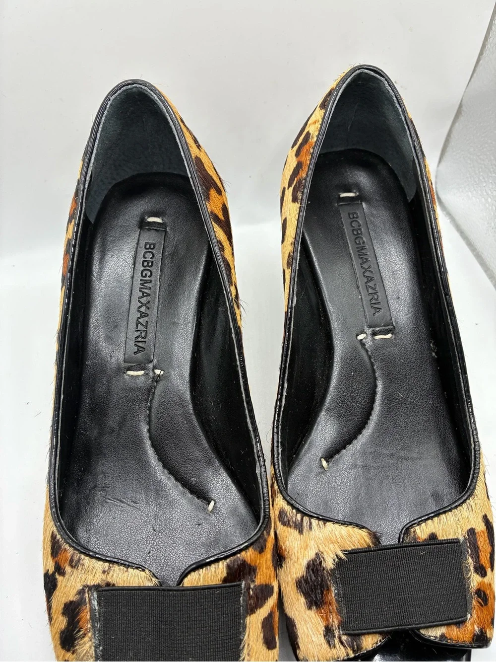 BCBGMAXAZRIA Leopard Calf Hair Peep Toe Wedge Heels Women’s 5.5B Leather Shoes